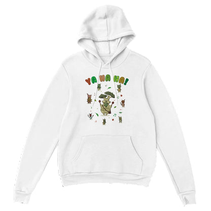 White Zelda hoodie with a colorful Hestu and Koroks graphic design on a white background