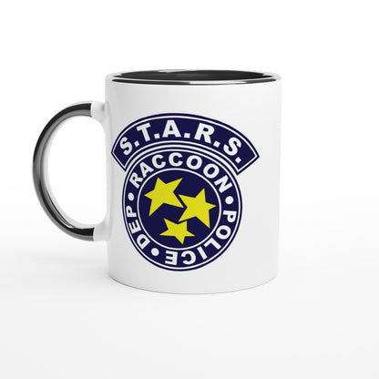White mug with black interior and handle featuring the S.T.A.R.S. logo on a white background