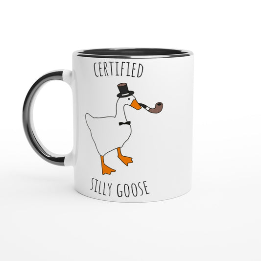 Mug with a cartoon goose wearing a top hat and smoking a pipe, text 'Certified Silly Goose' on a white background.