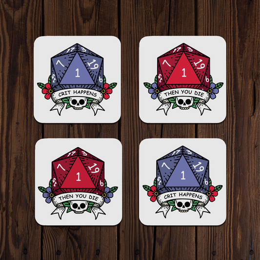 Four DnD D20 dice-themed coasters with TTRPG themed designs on a wooden surface