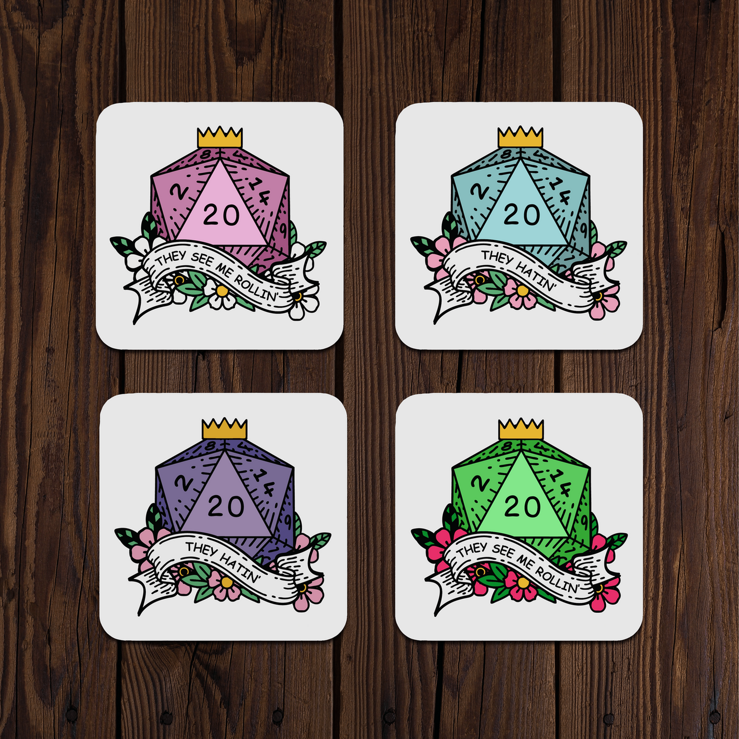 Four colorful DnD D20 dice with crowns, tattoo-style on a wooden surface