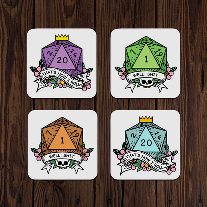 Four DnD dice-themed coasters with colorful designs on a wooden surface
