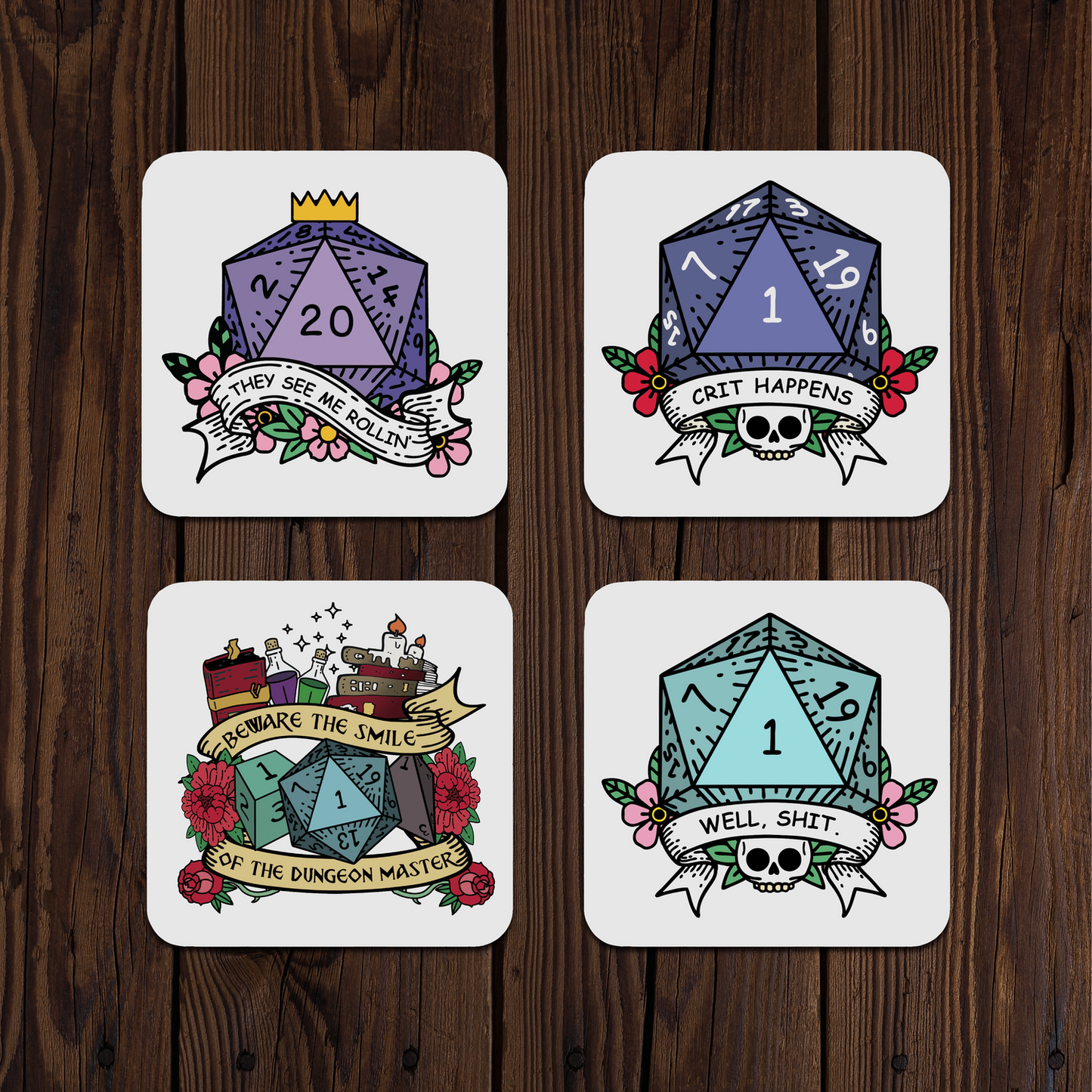 Four dice-themed coasters with text and graphics on a wooden surface