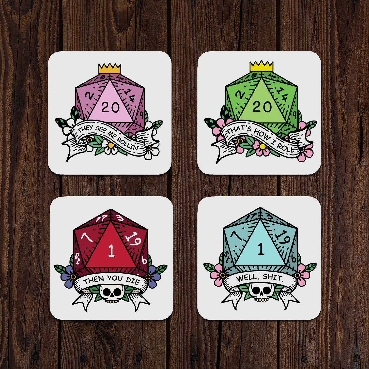 Four DND dice-themed coasters with colorful designs on a wooden surface