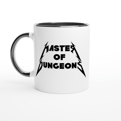 A white mug displays "Master of Dungeons" in a font inspired by Metallica's logo against a black background.