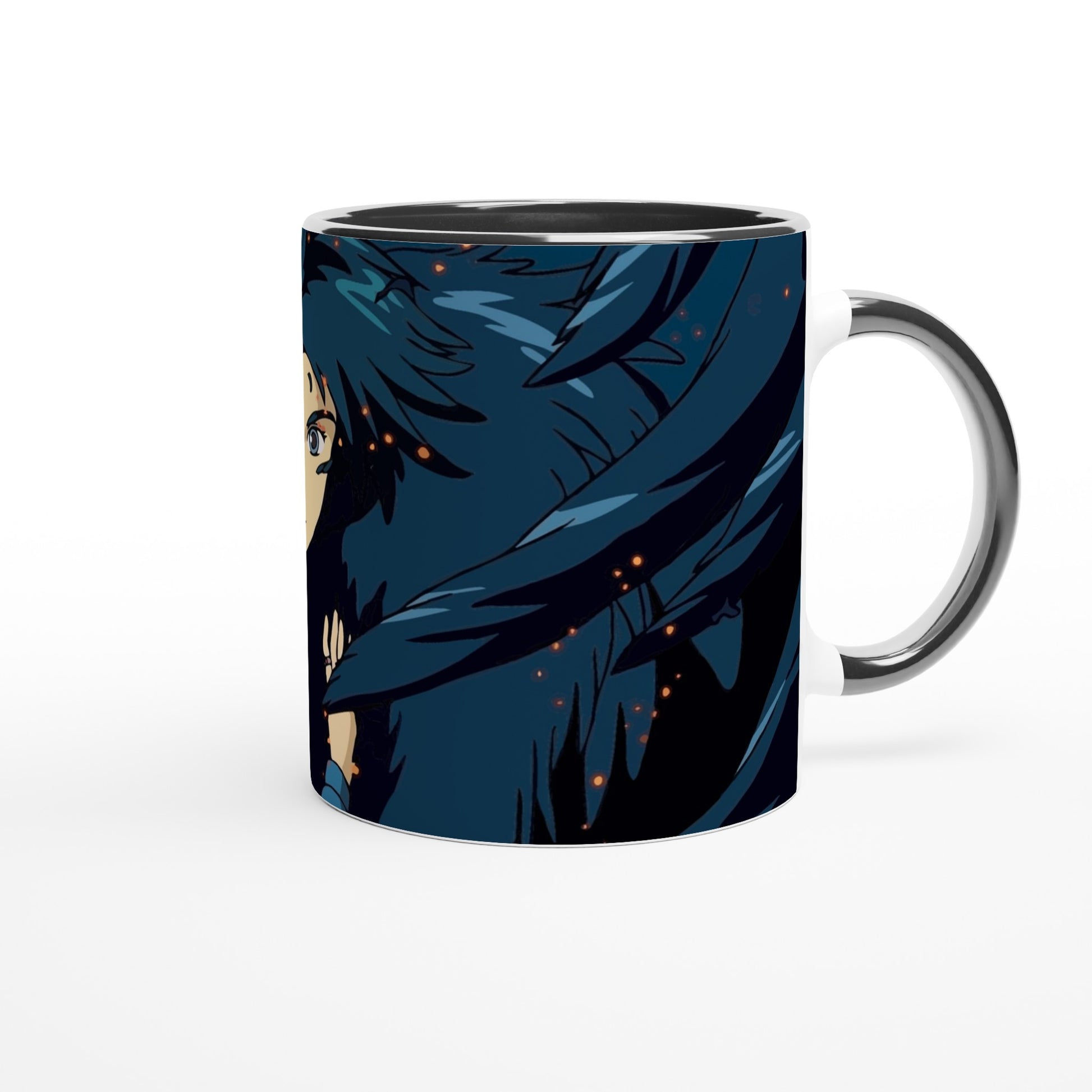 This white mug features a Studio Ghibli-inspired design depicting Howl and Sophie in a dark blue style with orange accents.