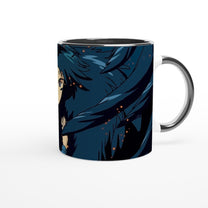 This white mug features a Studio Ghibli-inspired design depicting Howl and Sophie in a dark blue style with orange accents.