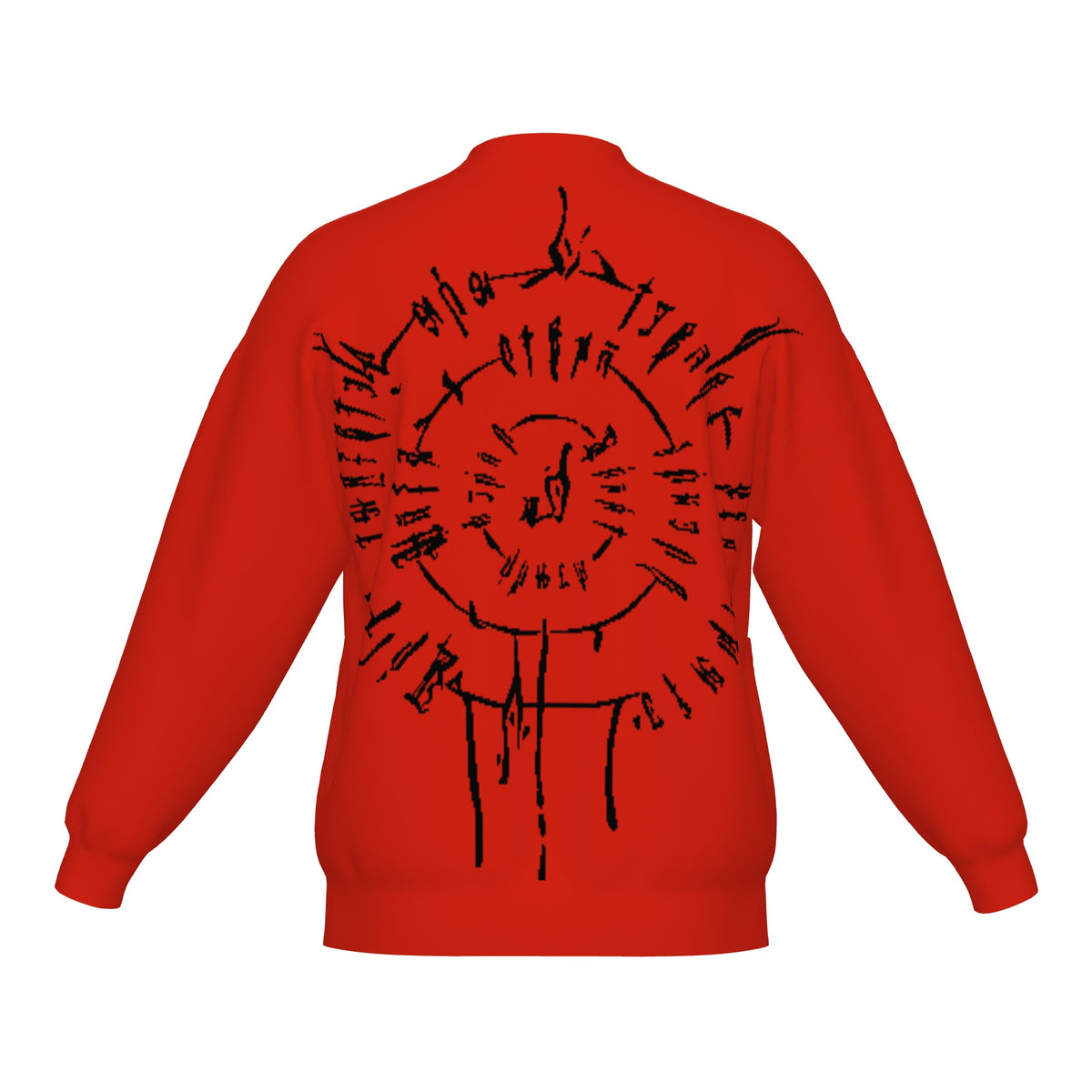 Back of the BG3 Astarion inspired infernal runes knitted bomber jacket in red with the black infernal rune circle