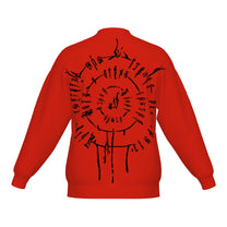 Back of the BG3 Astarion inspired infernal runes knitted bomber jacket in red with the black infernal rune circle
