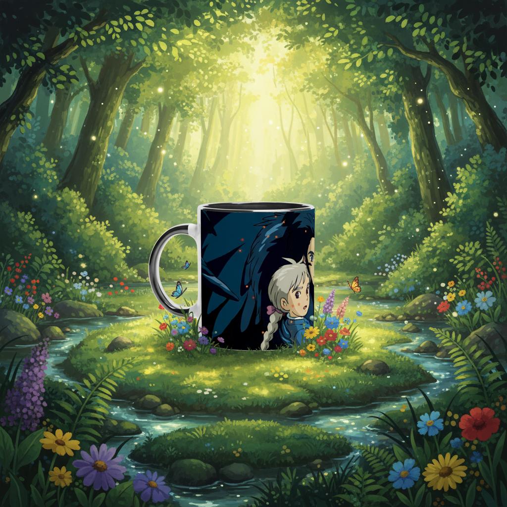 A dark mug featuring characters Howl and Sophie from Studio Ghibli's "Howl's Moving Castle" sits on a mossy island surrounded by wildflowers and a stream in a forest setting.