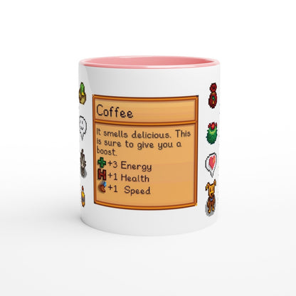 A white mug with a pink rim features a Stardew Drinks pattern including pixelated sprites and a "Coffee" beverage card displaying stats like energy and health.