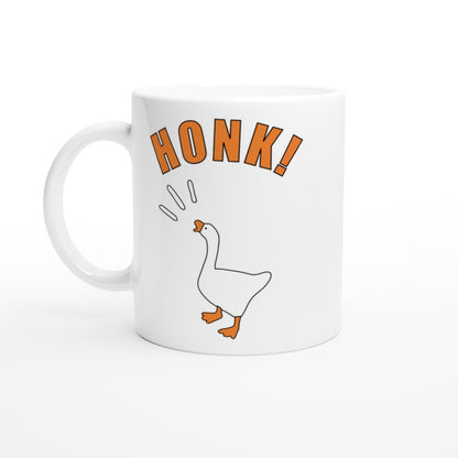 Mug with 'Honk!' text and Untitled Goose Game illustration on a white background