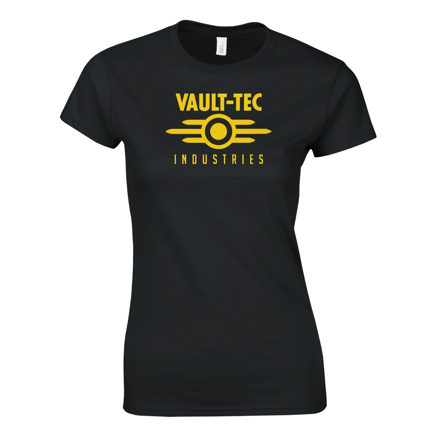 Black t-shirt with yellow 'Vault-Tec Industries' logo on a white background