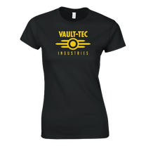 Black t-shirt with yellow 'Vault-Tec Industries' logo on a white background