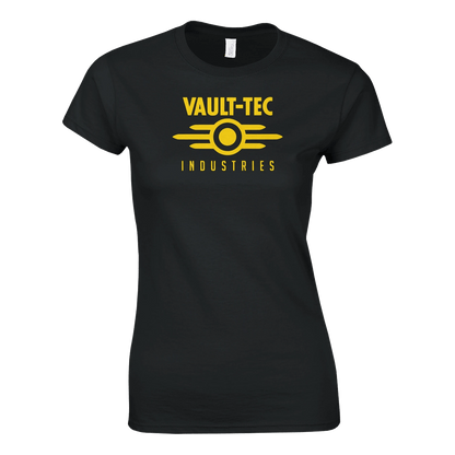 Black t-shirt with yellow 'Vault-Tec Industries' logo on a white background