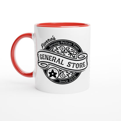 A white ceramic mug with a red handle and rim features a vintage-style logo for Pierre's General Store of Pelican Town from Stardew Valley.