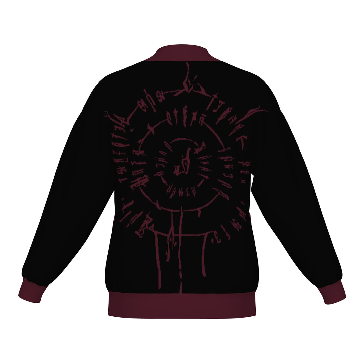 Back of the BG3 Astarion inspired infernal runes knitted bomber jacket in black with burgundy trim and burgundy runes