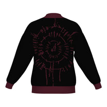 Back of the BG3 Astarion inspired infernal runes knitted bomber jacket in black with burgundy trim and burgundy runes