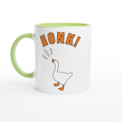 Mug with 'Honk!' text and Untitled Goose Game illustration on a white background