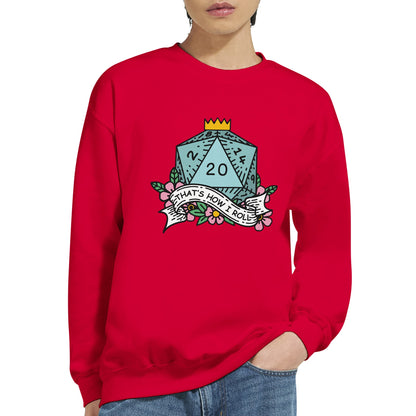 A person wears a red Gildan® D&D crewneck sweatshirt featuring an illustration of a D20 die with floral accents and the phrase "That's How I Roll.