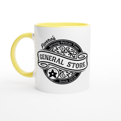 A white ceramic mug features a yellow handle and rim, displaying a logo for Pierre's General Store in Pelican Town from Stardew Valley.