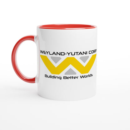 A white mug features a red handle and rim, displaying the Weyland-Yutani Corporation logo and the phrase "Building Better Worlds.