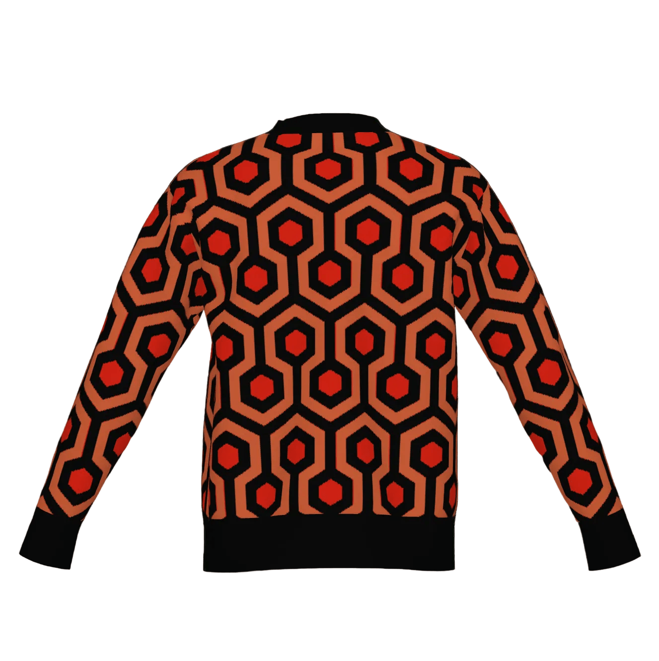 Overlook Hotel carpet pattern, orange red and black knitted cardigan on white background