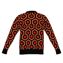 Overlook Hotel carpet pattern, orange red and black knitted cardigan on white background