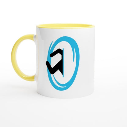 A white ceramic mug with a yellow handle and rim features a blue Portal design from the Half-Life video game.
