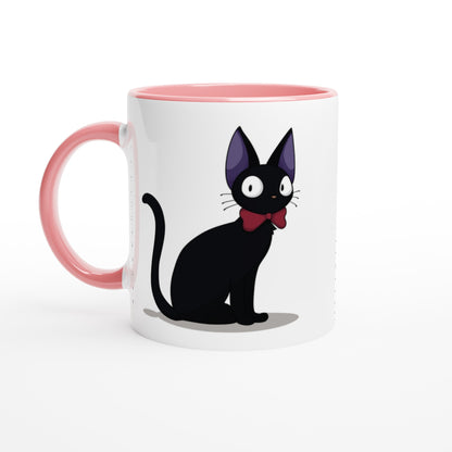 A white mug displays an illustration of Gigi the Cat, a black cat with purple accents and a red bow tie, inspired by Studio Ghibli's Kiki's Delivery Service.