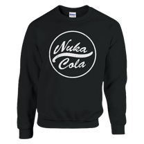 The Quirkify Nuka Cola Distressed Front Logo Sweatshirt in black features a white circular Nuka-Cola logo—ideal Fallout gamer apparel and available in red or black.