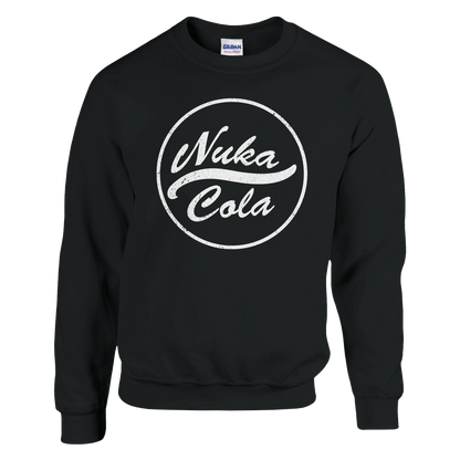 The Quirkify Nuka Cola Distressed Front Logo Sweatshirt in black features a white circular Nuka-Cola logo—ideal Fallout gamer apparel and available in red or black.