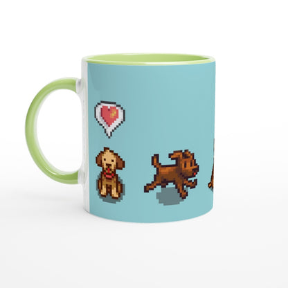 A white ceramic mug displays pixel art of dogs from Stardew Valley alongside a heart emote.
