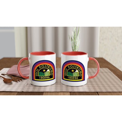 Two white ceramic mugs display a rainbow-colored USCSS Nostromo logo and the number 180286.
