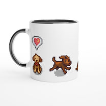 A white mug features pixel art of two dogs and a heart icon referencing the Stardew Valley computer game.