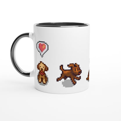 A white mug features pixel art of two dogs and a heart icon referencing the Stardew Valley computer game.
