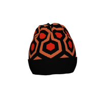 A knitted winter beanie featuring the orange, brown, and red Overlook Hotel carpet pattern inspired by The Shining.