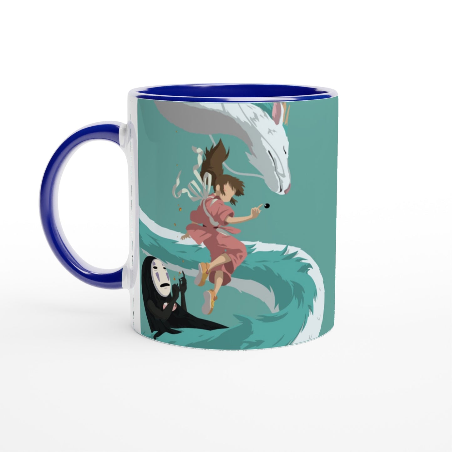 A ceramic mug depicts characters Haku, Chihiro, and No-Face from Studio Ghibli's Spirited Away in a stylized illustration.