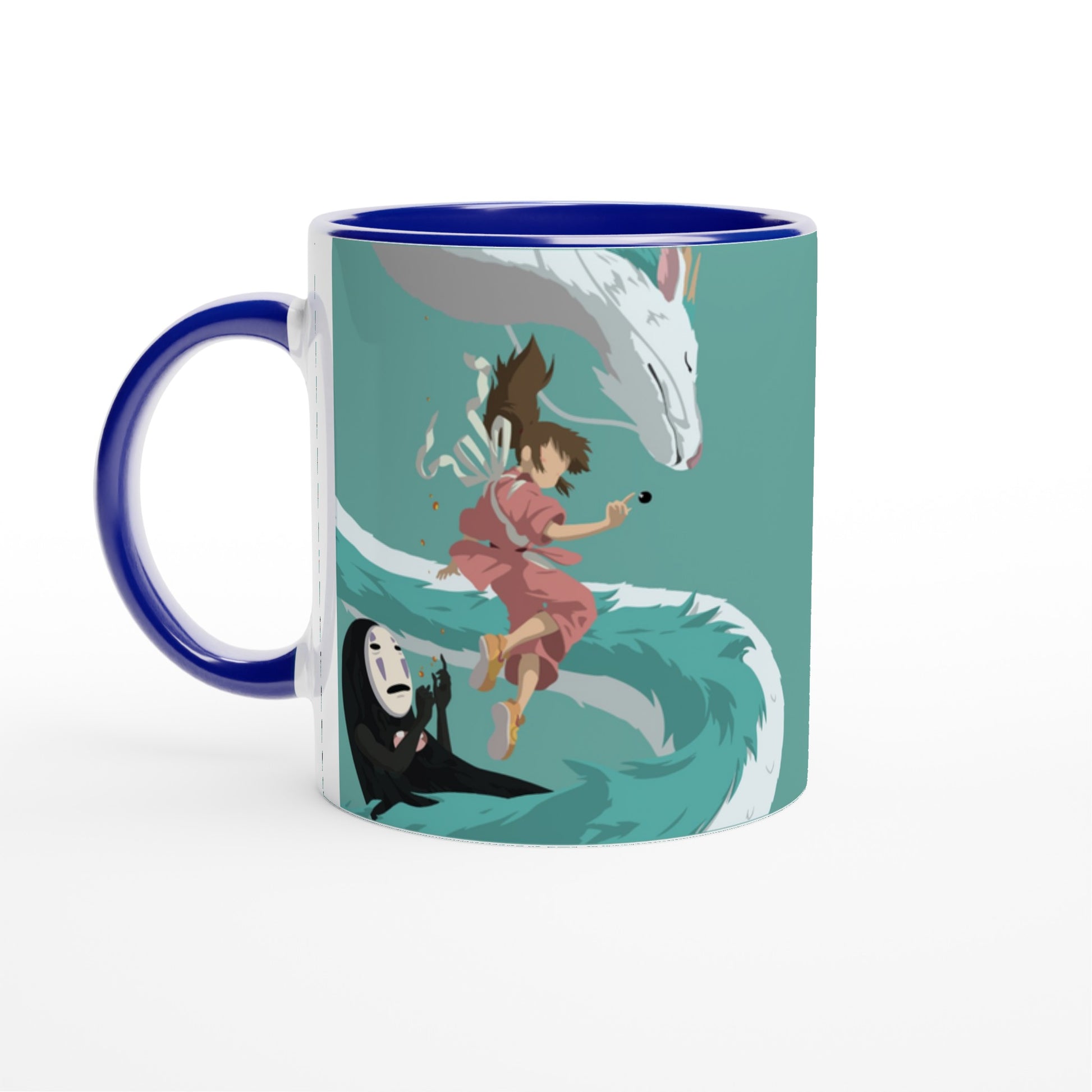 A ceramic mug depicts characters Haku, Chihiro, and No-Face from Studio Ghibli's Spirited Away in a stylized illustration.