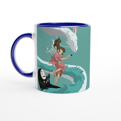 A ceramic mug depicts characters Haku, Chihiro, and No-Face from Studio Ghibli's Spirited Away in a stylized illustration.