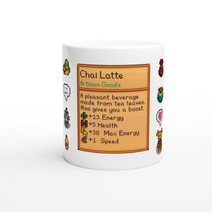 A white mug displays a Stardew Drinks pattern resembling an item card for a Chai Latte beverage from Artisan Goods.