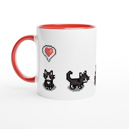 A white mug with a red handle and interior features pixelated graphics of a heart and tuxedo cats referencing the Stardew Valley game.