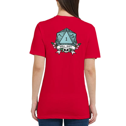 A red fitted t-shirt displays a D&D graphic featuring a D20 die and the words "Well, Sh*t.