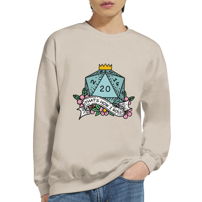 A person wearing a Gildan® 18000 crewneck sweatshirt featuring a D&D D20 graphic with the words "That's How I Roll.