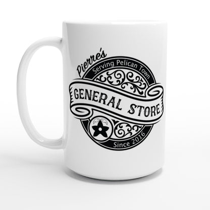 A white ceramic mug displays a black and white logo for Pierre's General Store of Pelican Town from Stardew Valley.