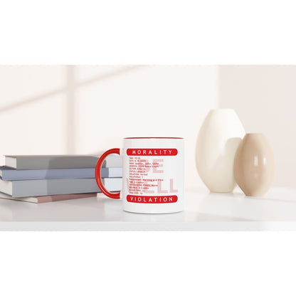 A white mug featuring a red "Morality Violation Ticket" design referencing the film Demolition Man sits on a stack of books next to a vase.