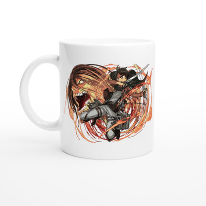 The white ceramic mug depicts Eren Yeager from Attack on Titan surrounded by swirling orange energy and a large titan's face.