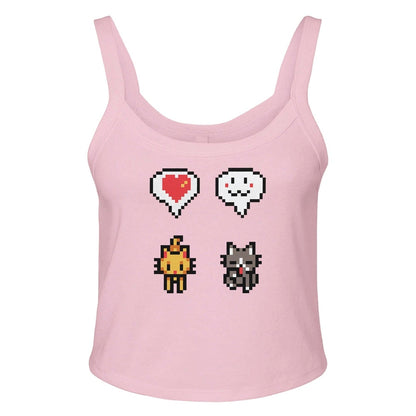 A pink Stardew Cats tank top features pixel art graphics of a heart, smiley face, flame, and cat.