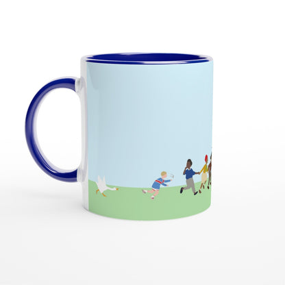 Mug with a cartoon design of Untitled Goose chasing townsfolk outdoors