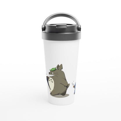 A white insulated travel mug features an illustration of Totoro from Studio Ghibli's anime film My Neighbor Totoro.